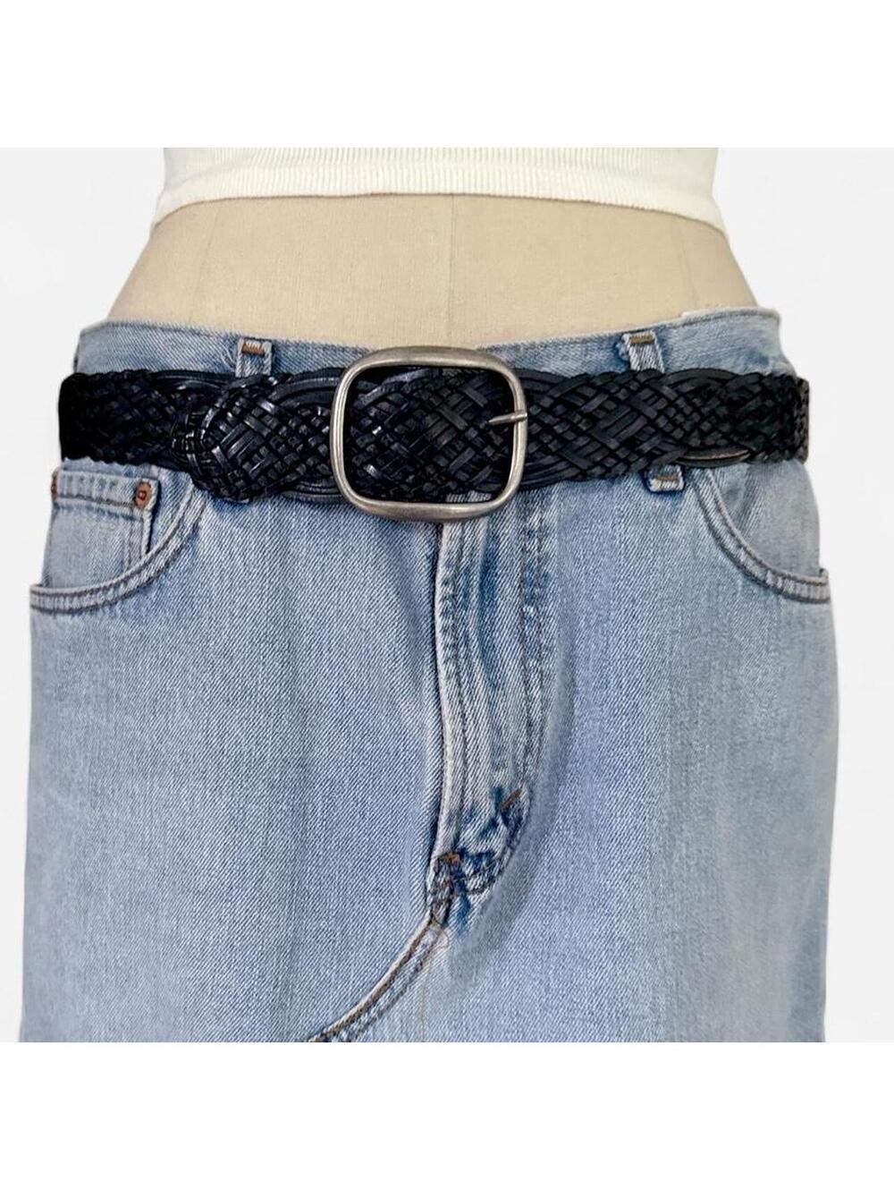 Genuine Leather Black Braided Silver Buckle Belt Size Medium